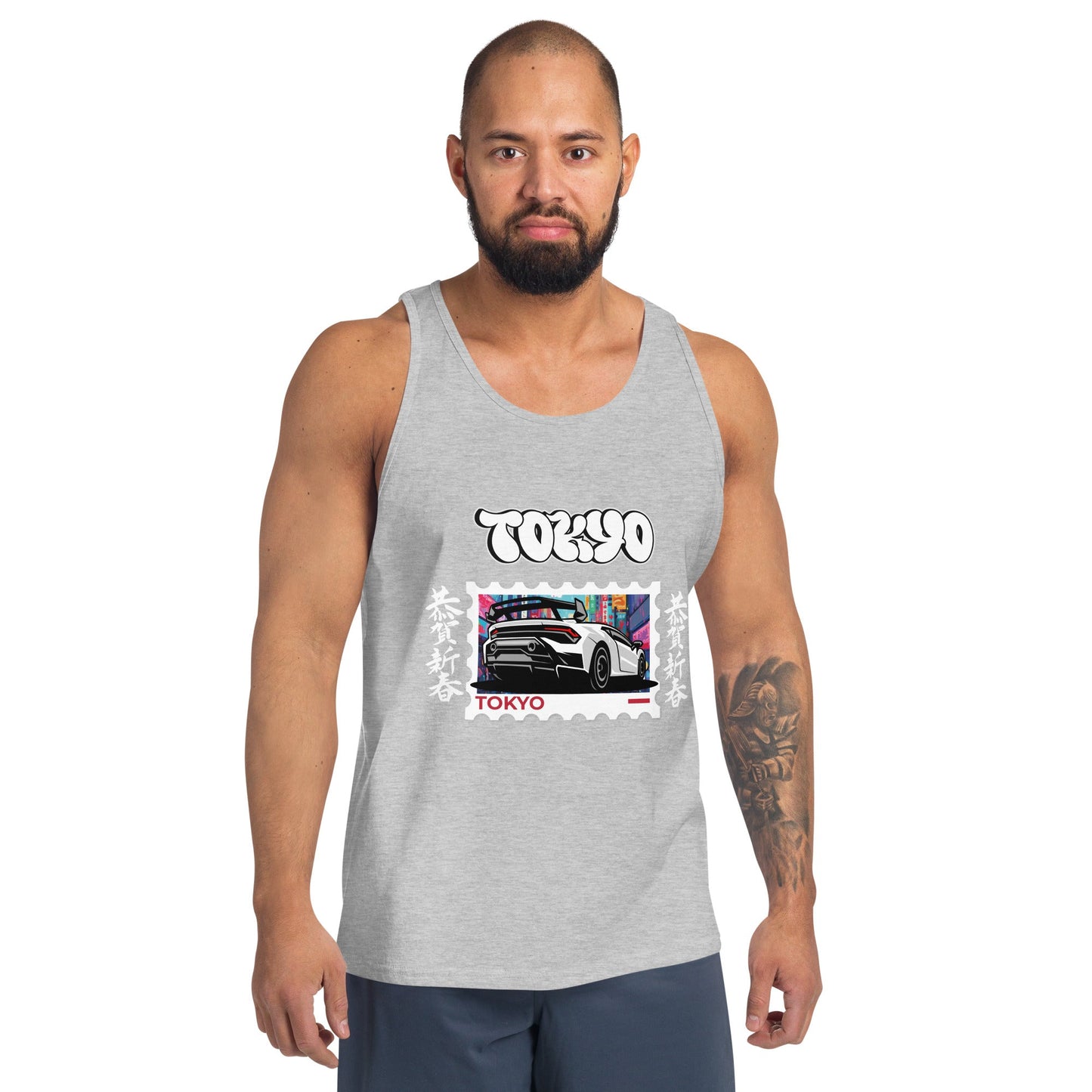 Tokyo Signal Men's Tank Top - Left Placement by R.A. Apparel, image 6, front view, Black, size 2XL, left placement.