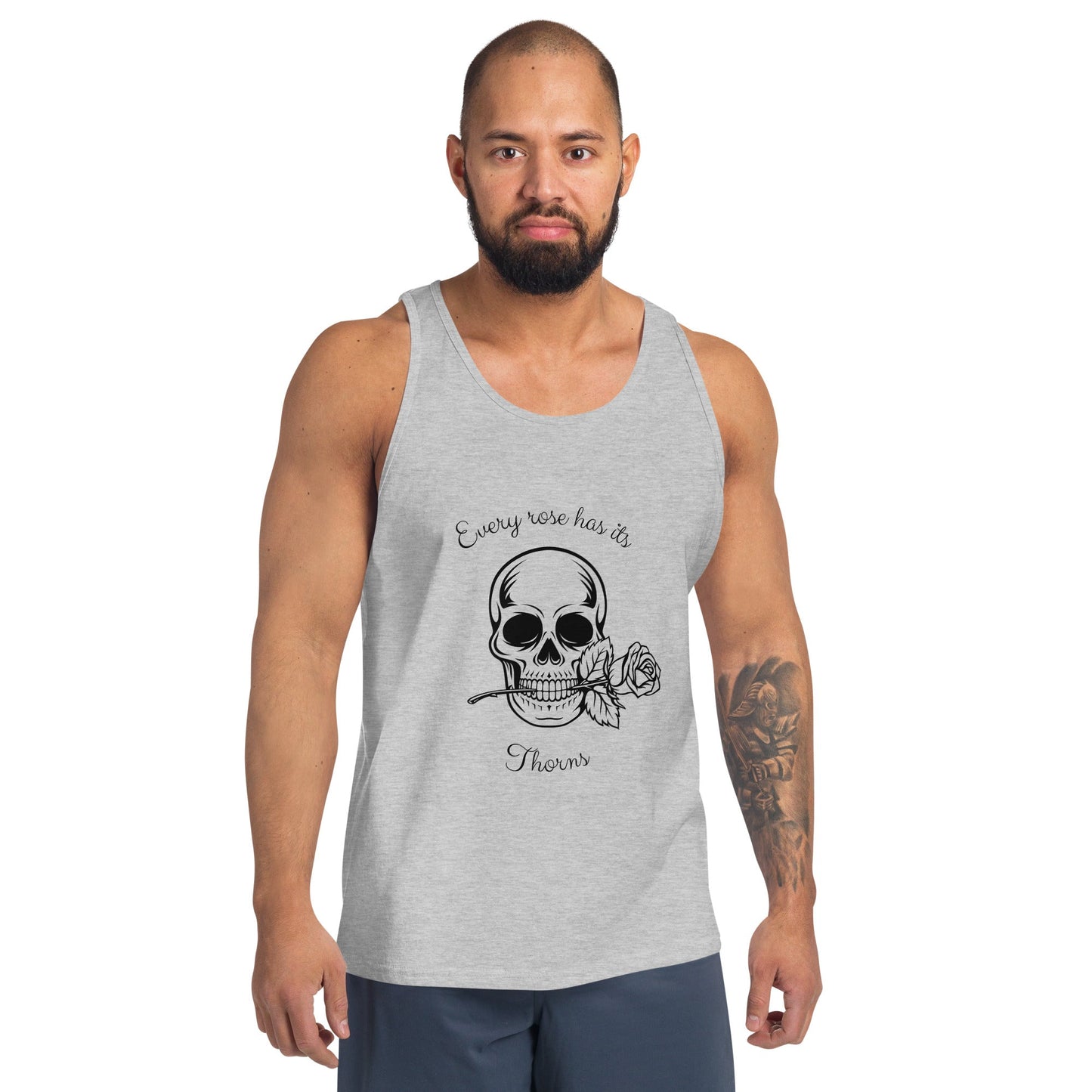 Image 5 of Navy Rose & Bone Men's Tank Top - Left Placement, size XL, with Skull and Rose artwork visible in front view.