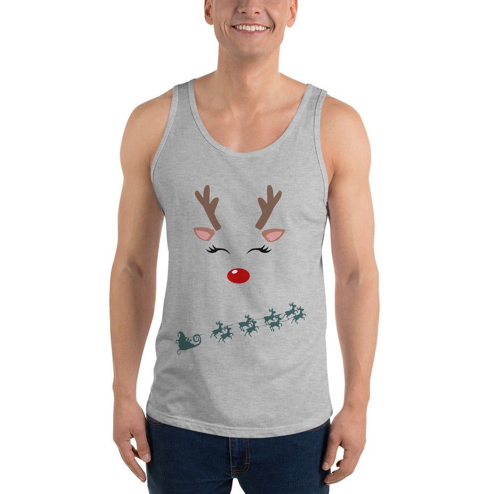 Image 4 of Navy Northern Run Men's Tank Top - Left Placement, size L, with Reindeer artwork visible in front view.