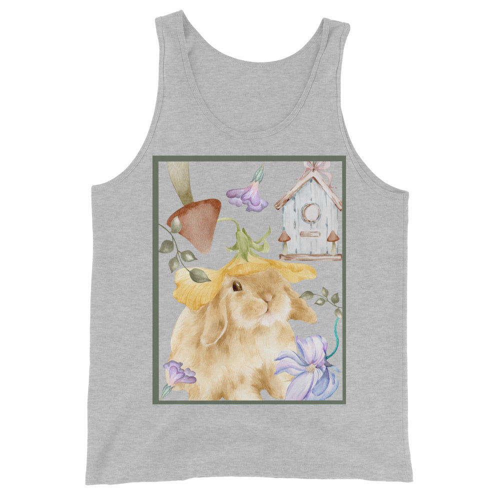 Meadow Club Men's Tank Top - Left Placement image 6: Black version, size 2XL with front view of the Bunny Collage range.
