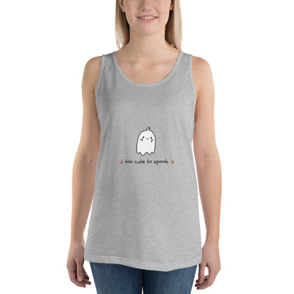 Image 3 of Black Cute Haunt Men's Tank Top - Left Placement, size M, with Too Cute to Spook artwork visible in front view.