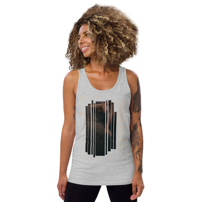 Image 3 of Black Stillwater Men's Tank Top - Left Placement, size M, with Patience artwork visible in front view.