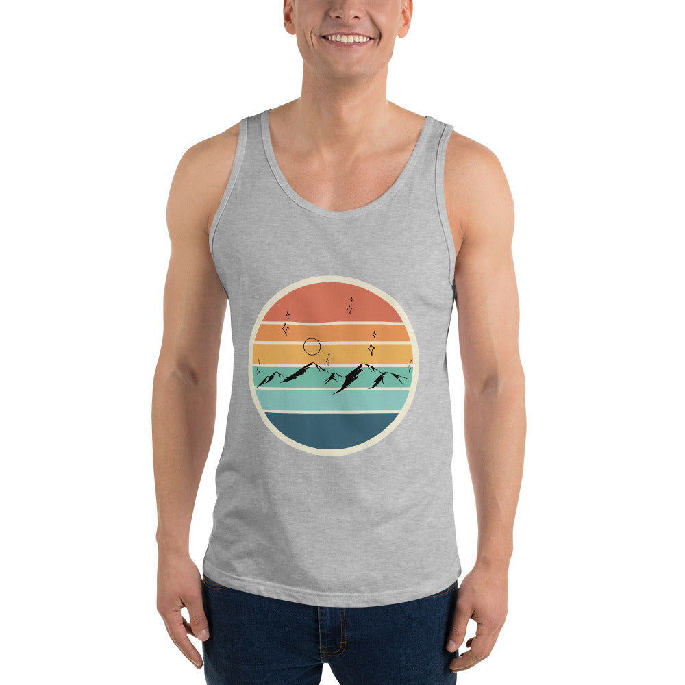 Image 3 of Black Summitline Men's Tank Top - Left Placement, size M, with Mountain Range artwork visible in front view.