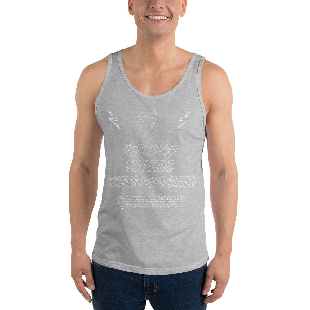 Workrate Men's Tank Top - Left Placement image 3 in Black, size M, showing front view for the Hustle Hard design.