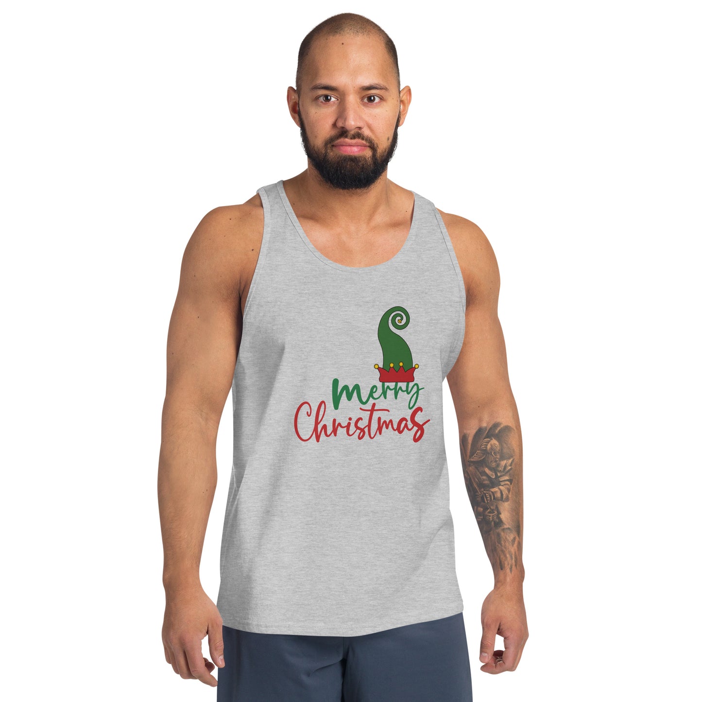 Image 3 of Black Noelle Men's Tank Top - Left Placement, size M, with Merry Christmas artwork visible in front view.