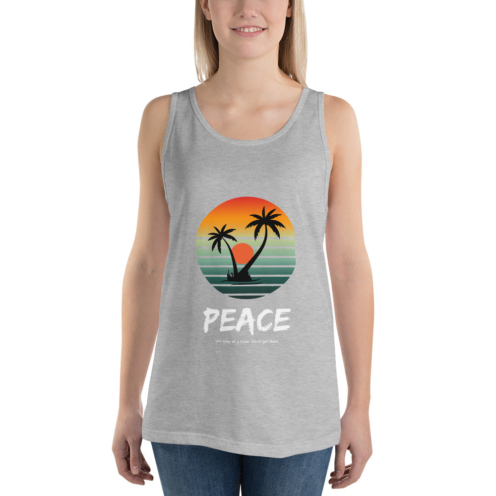 Image 3 of Black Quiet Peace Men's Tank Top - Left Placement, size M, with Peace artwork visible in front view.