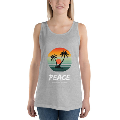 Image 3 of Black Quiet Peace Men's Tank Top - Left Placement, size M, with Peace artwork visible in front view.