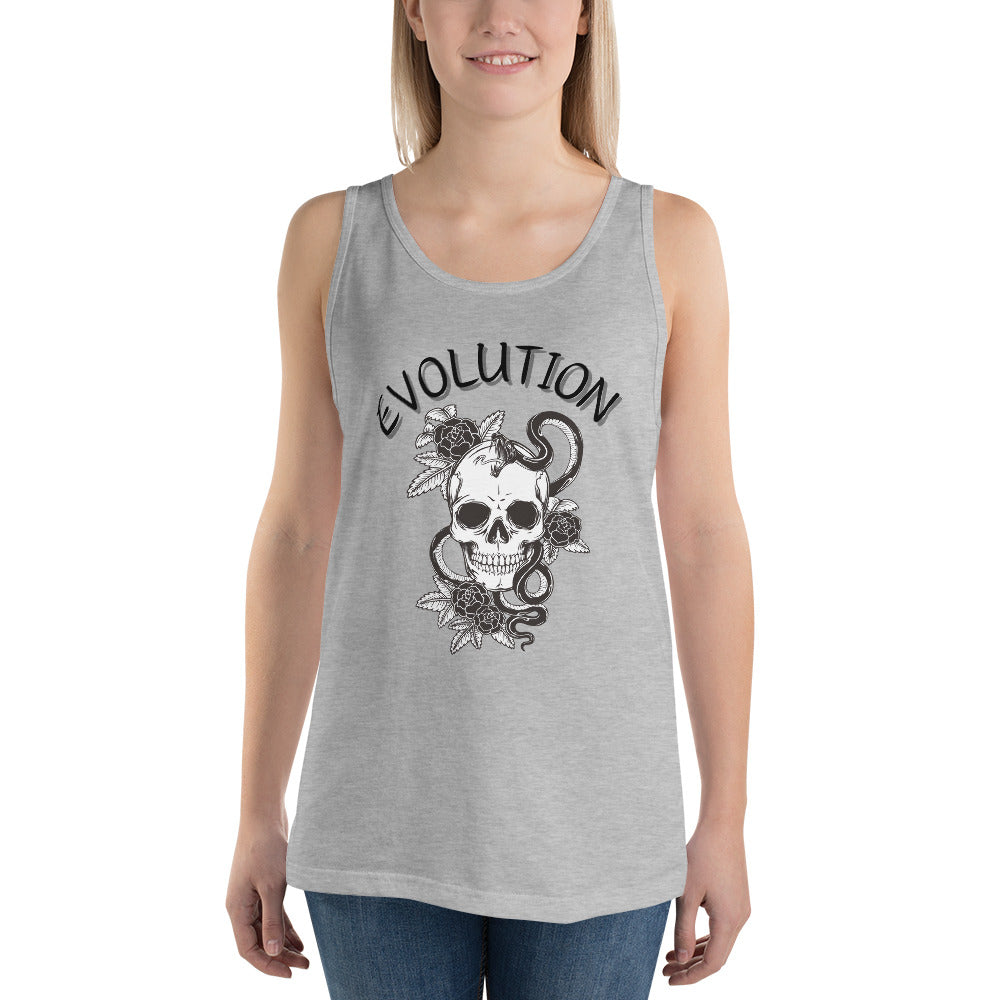 Evolution Men's Tank Top - Left Placement image 3: Black version, size M with front view of the Evolution range.