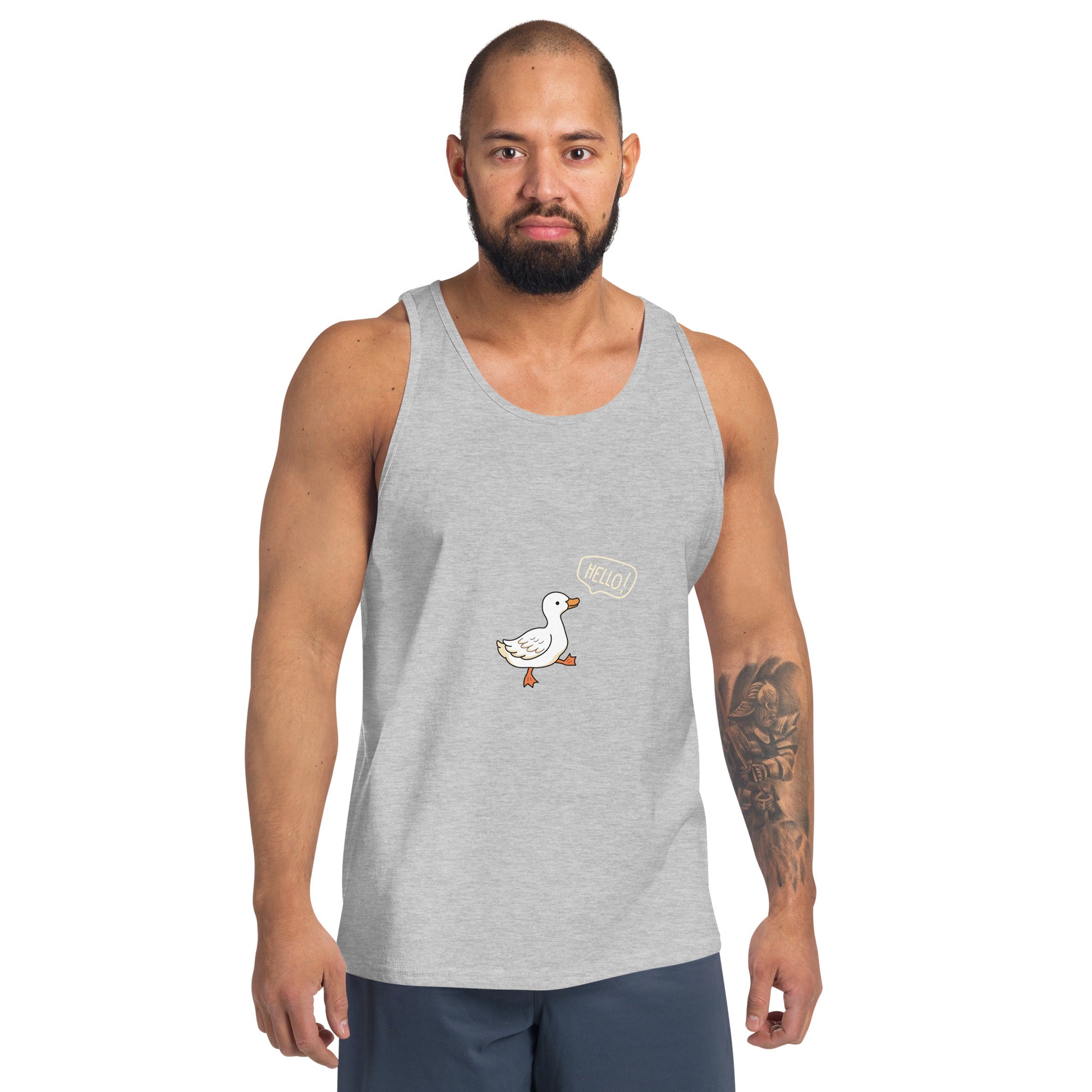 Quacksy Tank Top image 9 in Navy, size XL, showing front view for the Hello Duck design.