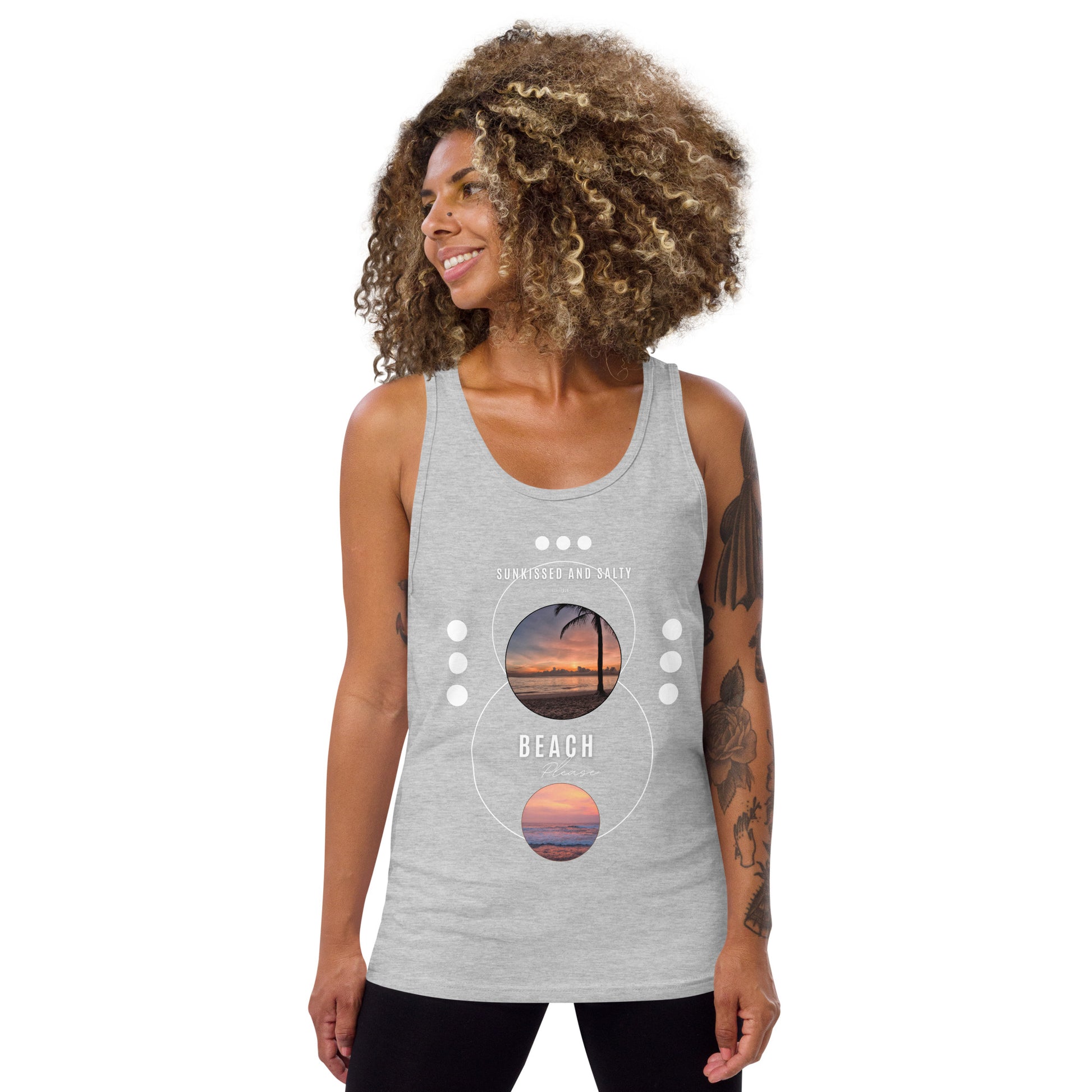 Image 4 of Black Coastline Attitude Men's Tank Top - Left Placement, size L, with Beach Please artwork visible in front view.