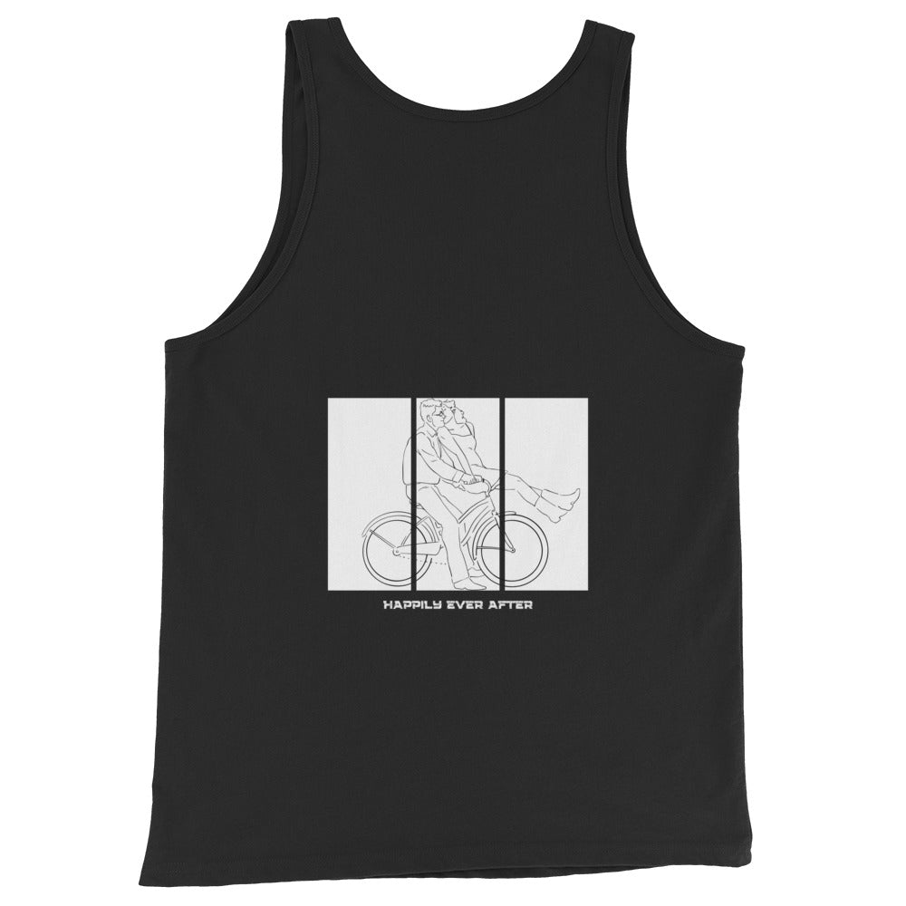 Ever After Men's Tank Top - Left Placement 110 by R.A. Apparel, image 1, back view, Black, size XS, left placement.