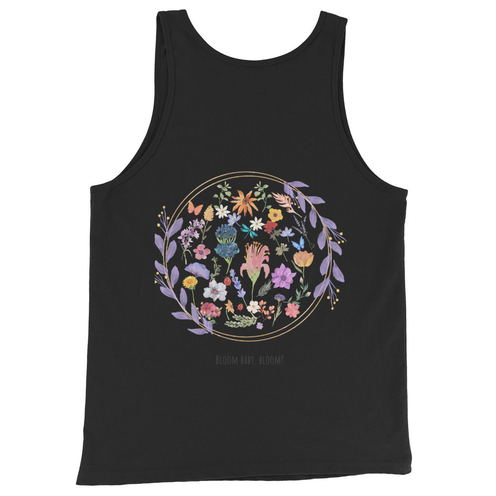 Bloomrise Men's Tank Top - Left Placement by R.A. Apparel, image 1, back view, Black, size XS, left placement.