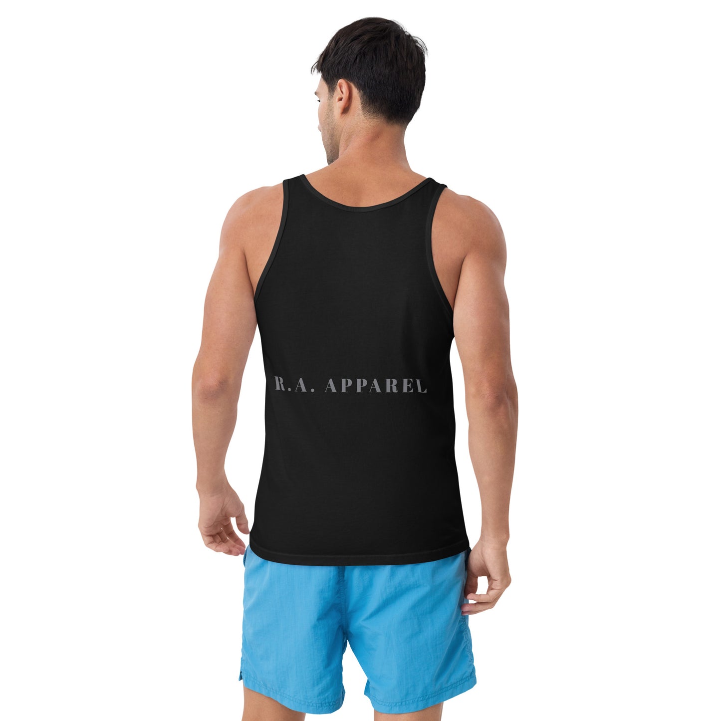 Image 2 of Black Growthline Men's Tank Top - Left Placement, size S, with Growth artwork visible in back view.