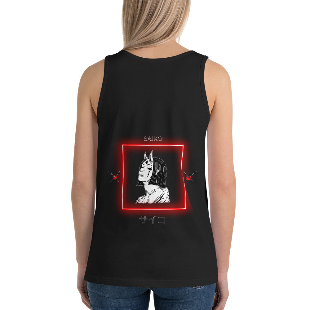 Image 2 of Black Saiko Men's Tank Top - Left Placement 31, size S, with Saiko artwork visible in back view.