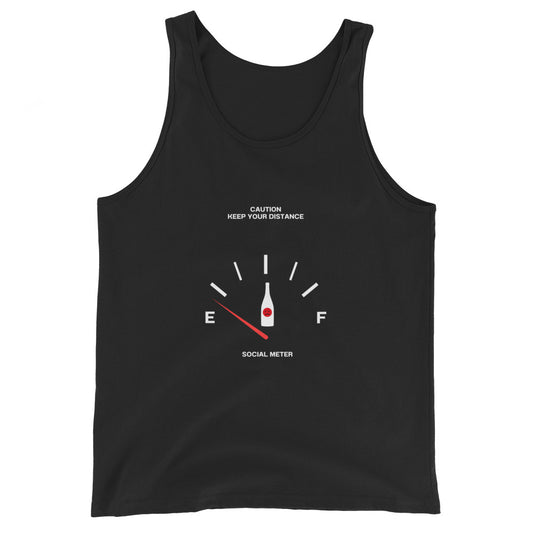 Image 1 of Black Social Static Men's Tank Top - Left Placement, size XS, with Social Meter artwork visible in front view.