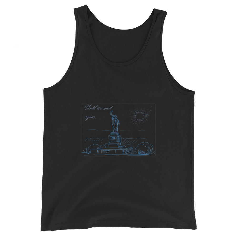 Image 1 of Black Farewell Bloom Men's Tank Top - Left Placement, size XS, with Until We Meet Again artwork visible in front view.