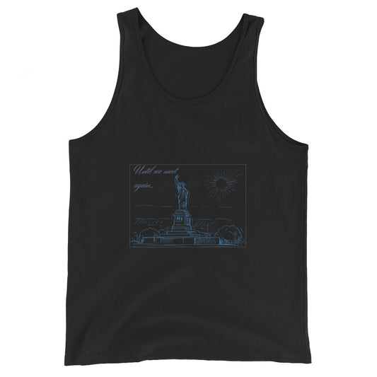 Image 1 of Black Farewell Bloom Men's Tank Top - Left Placement, size XS, with Until We Meet Again artwork visible in front view.