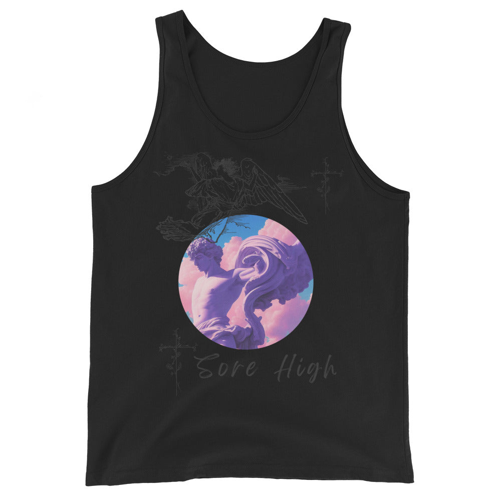 Image 1 of Black Skyborne Men's Tank Top - Left Placement, size XS, with Sore High artwork visible in front view.