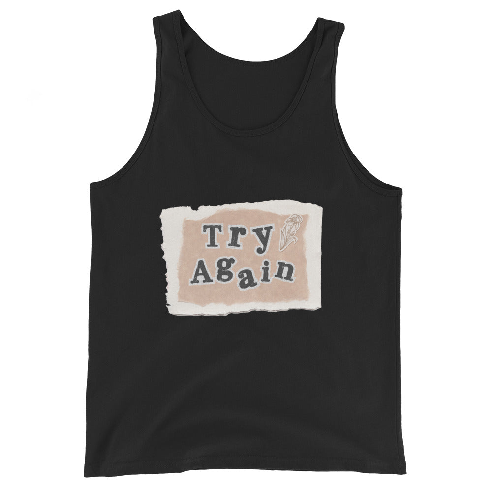Image 1 of Black Retry Men's Tank Top - Left Placement, size XS, with Try Again artwork visible in front view.