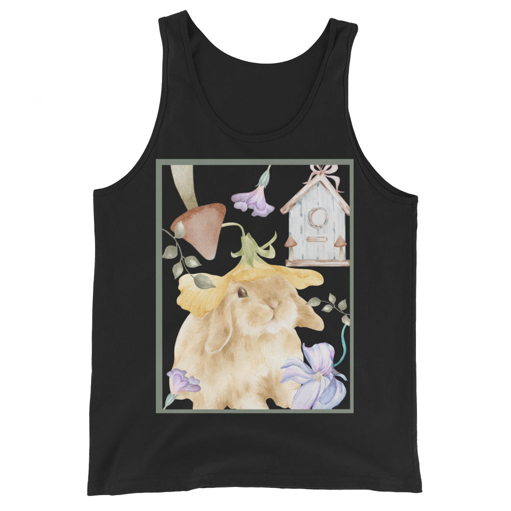 Meadow Club Men's Tank Top - Left Placement image 1 in Black, size XS, showing front view for the Bunny Collage design.