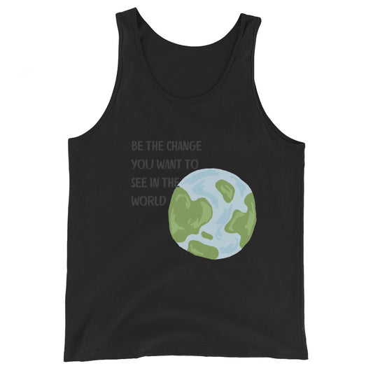 Image 1 of Black Change Signal Men's Tank Top - Left Placement, size XS, with Be the Change artwork visible in front view.