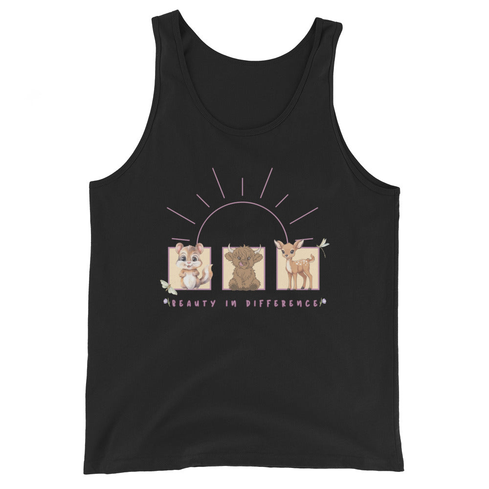 Different Grace Men's Tank Top - Left Placement image 1: Black version, size XS with front view of the Beauty in Difference range.