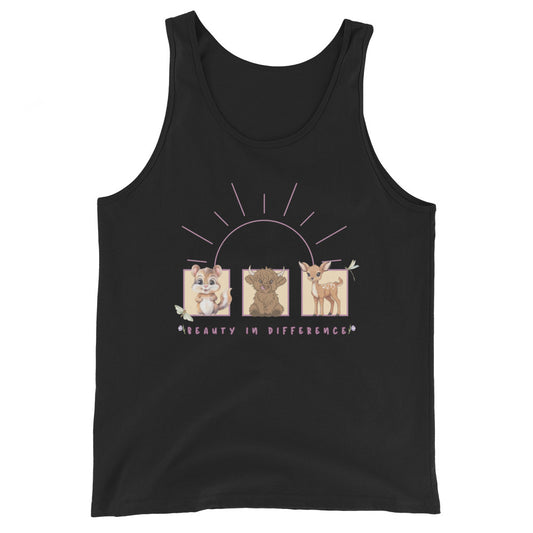 Different Grace Men's Tank Top - Left Placement image 1: Black version, size XS with front view of the Beauty in Difference range.