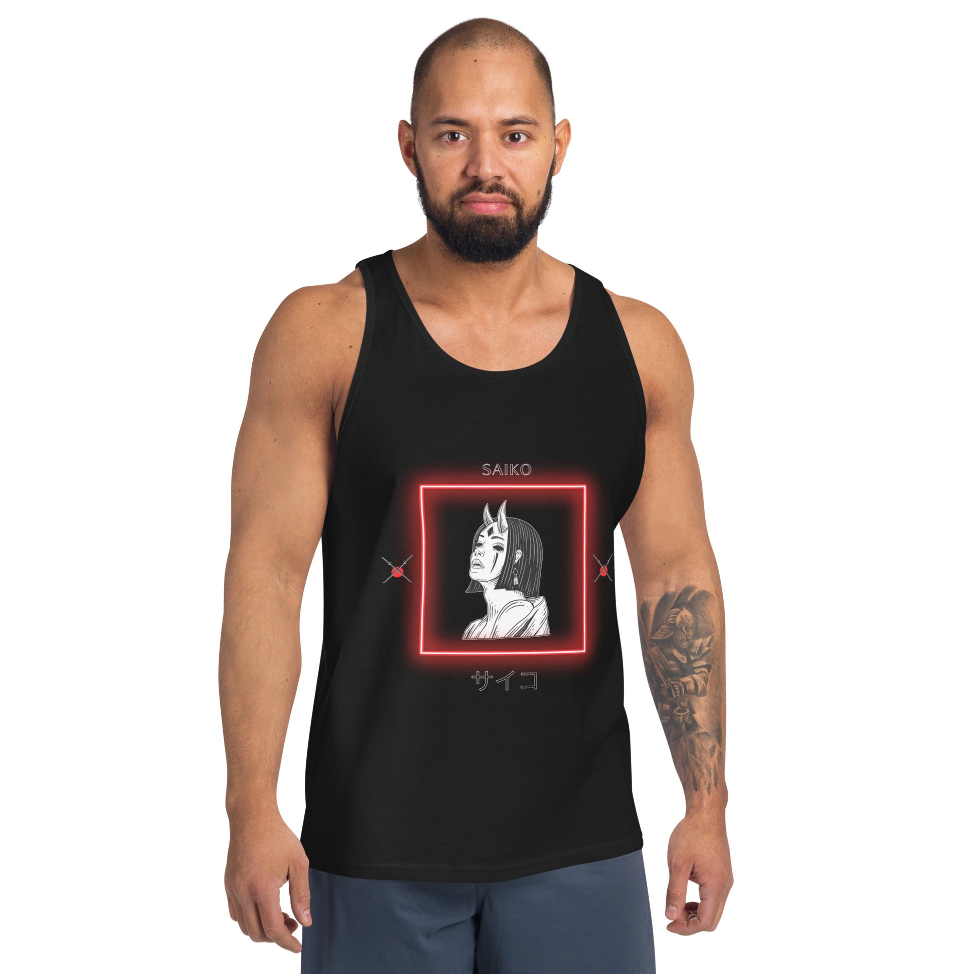 Saiko Men's Tank Top - Left Placement 30 image 1 in Black, size XS, showing front view for the Saiko design.