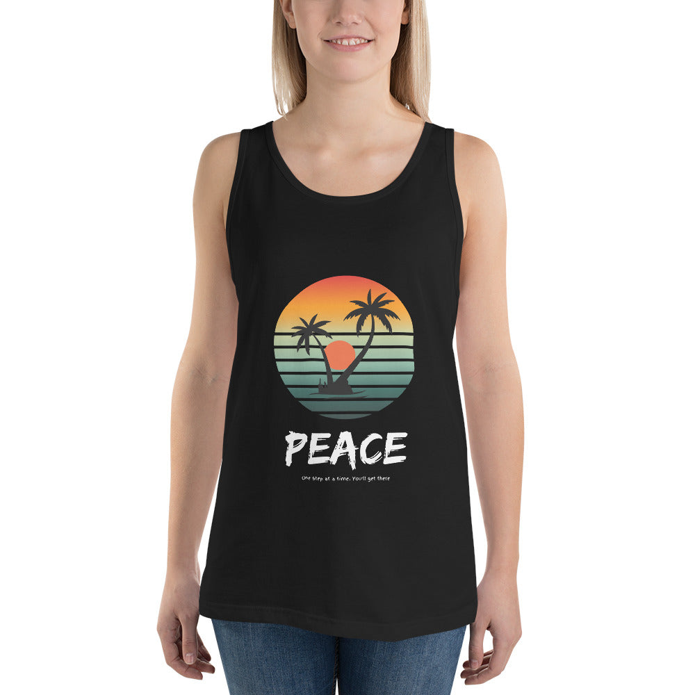 Image 1 of Black Quiet Peace Men's Tank Top - Left Placement, size XS, with Peace artwork visible in front view.
