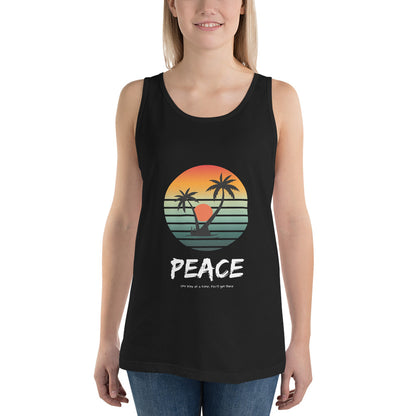 Image 1 of Black Quiet Peace Men's Tank Top - Left Placement, size XS, with Peace artwork visible in front view.
