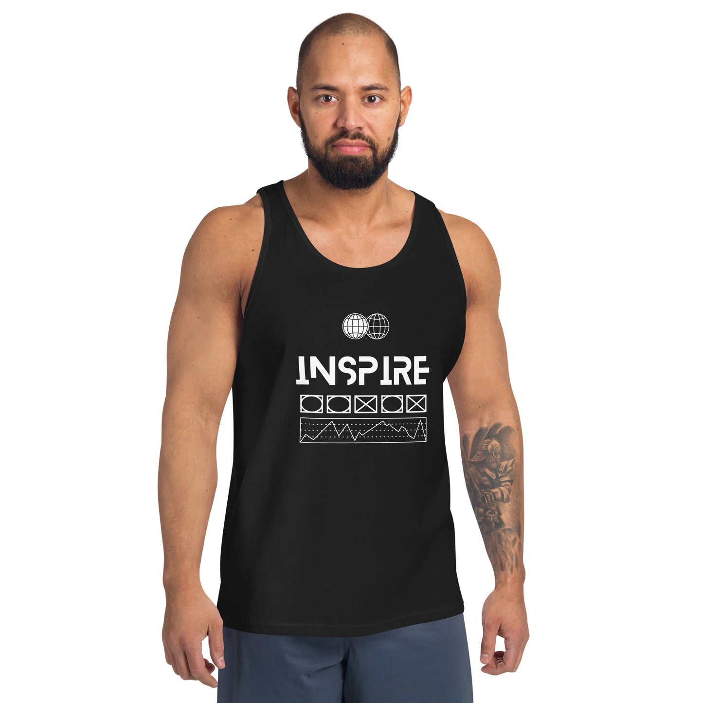 Inspireline Men's Tank Top - Left Placement image 1: Black version, size XS with front view of the Inspire range.