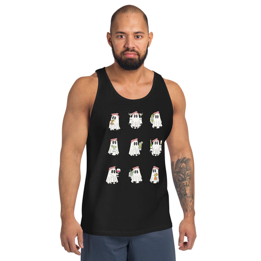 Image 1 of Black Little Haunts Men's Tank Top - Left Placement, size XS, with Ghosties 1 artwork visible in front view.