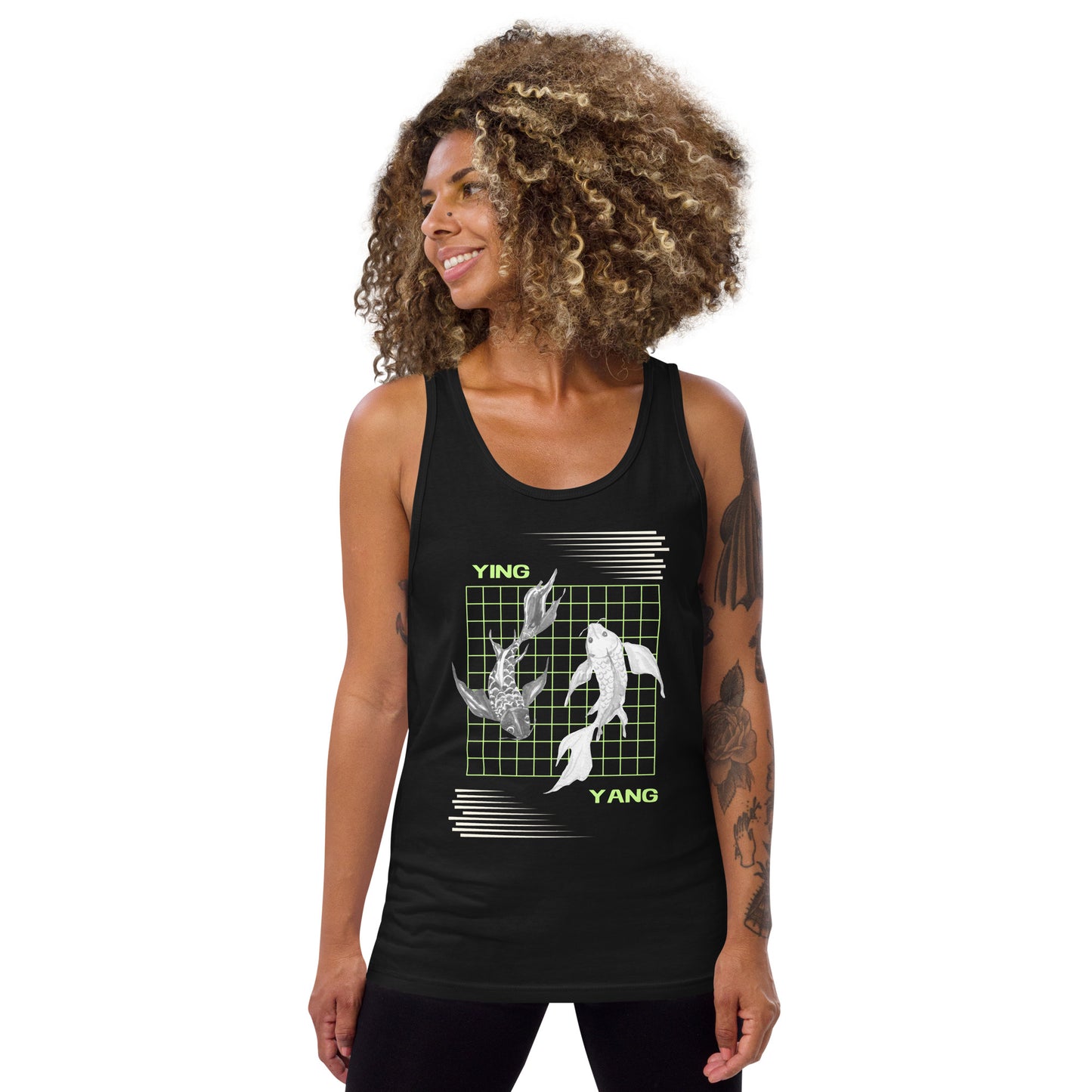 Image 2 of Black Equinoxe Tank Top, size M, with Ying and Yang artwork visible in front view.