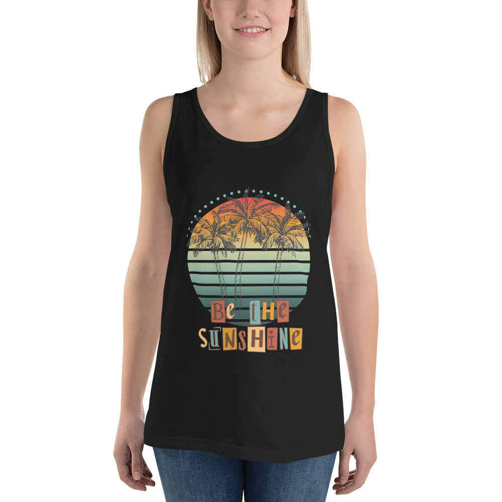 Image 1 of Black Solara Tank Top, size S, with Be the Sunshine artwork visible in front view.