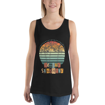 Image 1 of Black Solara Tank Top, size S, with Be the Sunshine artwork visible in front view.