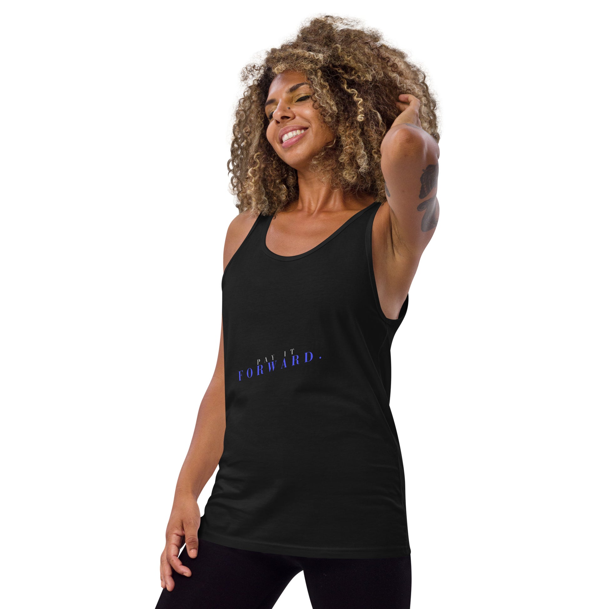 Forward Kind Men's Tank Top - Left Placement image 2: Black version, size S with front view, left-side angle of the Pay It Forward range.
