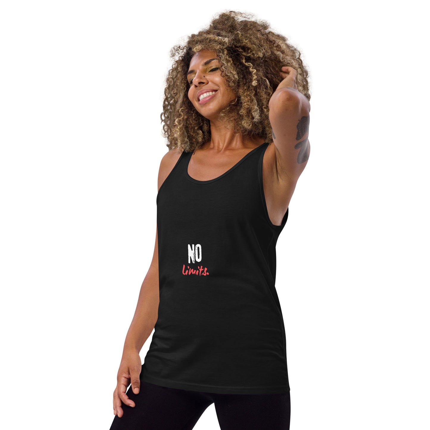 Limitless Men's Tank Top - Left Placement image 2 in Black, size S, showing front view, left-side angle for the No Limits design.