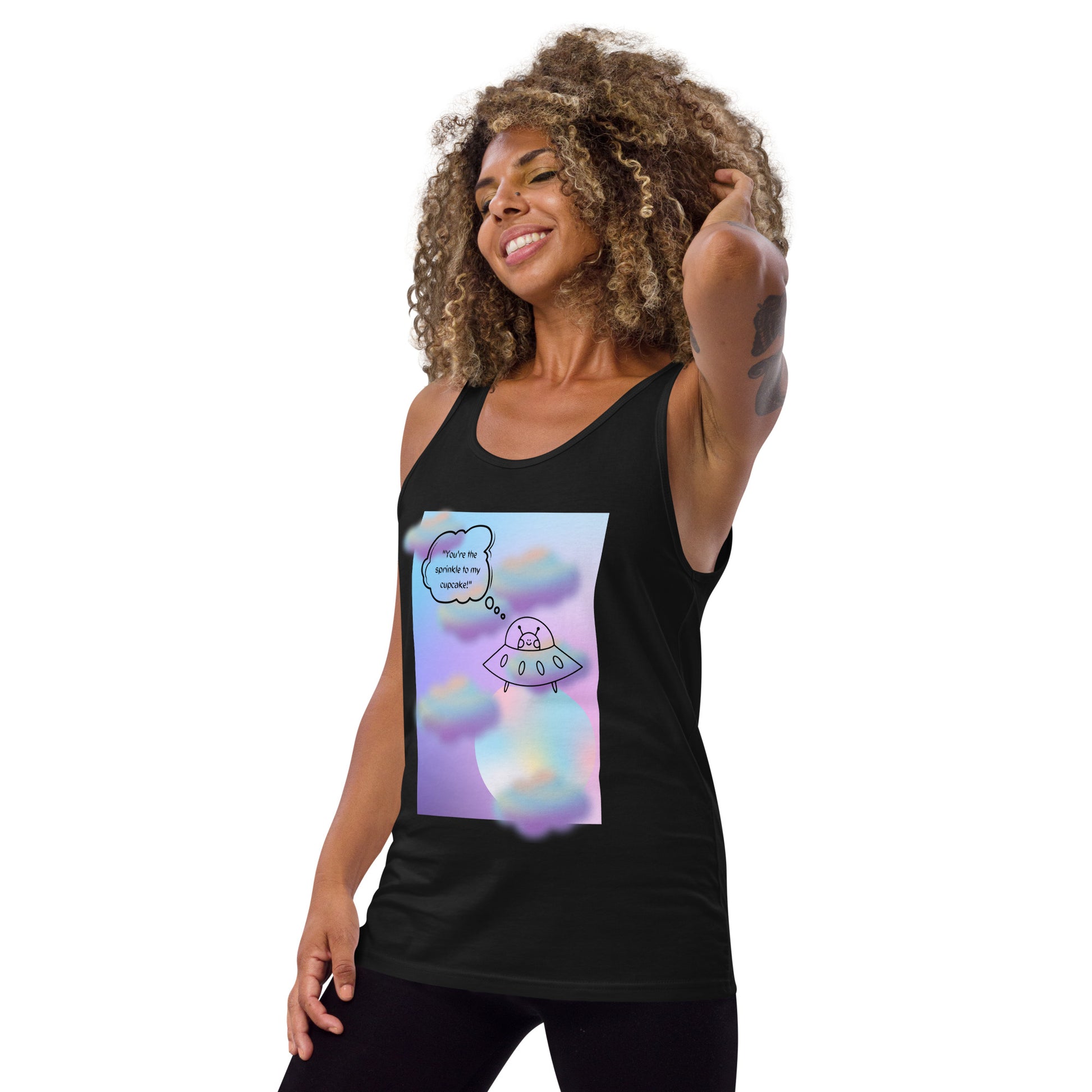 Image 2 of Black Sprinkle Theory Men's Tank Top - Left Placement, size S, with You're the Sprinkle to My Cupcake artwork visible in front view, left-side angle.