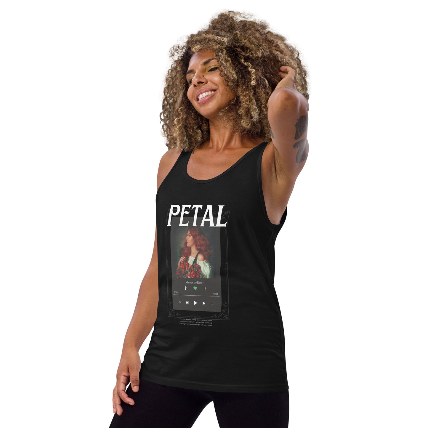 Petaline Tank Top product image 3 in Black, size L, with front view, left-side angle and design placement.