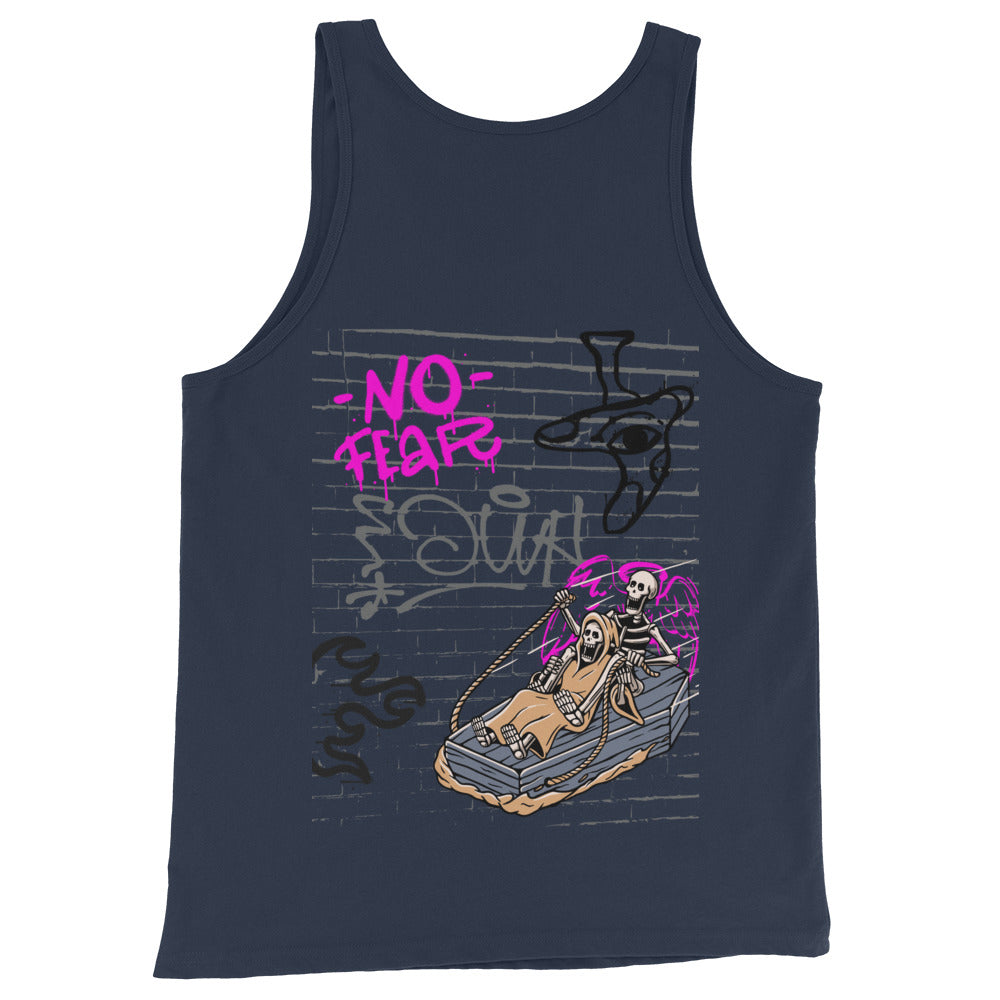 Fearless Men's Tank Top - Left Placement image 2 in Black, size S, showing back view for the No Fear design.
