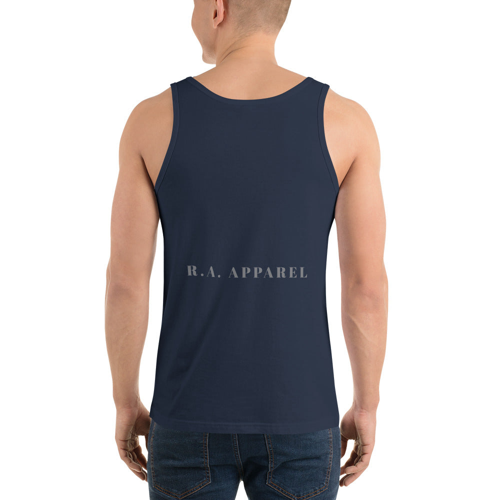 Mood Diary Men's Tank Top - Left Placement by R.A. Apparel, image 8, back view, Navy, size M, left placement.