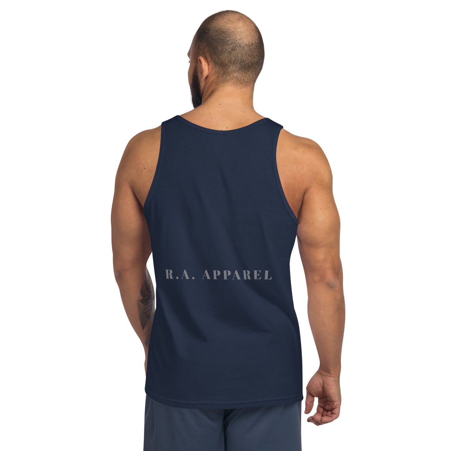 Impact Form Men's Tank Top - Left Placement image 8: Navy version, size S with back view of the Shape Lives range.