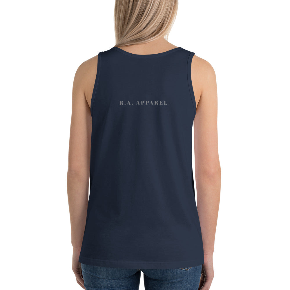 Quiet Peace Men's Tank Top - Left Placement product image 8 in Navy, size S, with back view and left placement.
