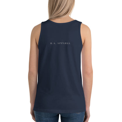 Exhale Men's Tank Top - Left Placement image 8 in Navy, size S, showing back view for the Breathe in and Breathe Out design.