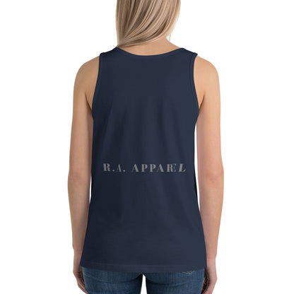 Heirloom Men's Tank Top - Left Placement image 8: Navy version, size M with back view of the Legacy range.