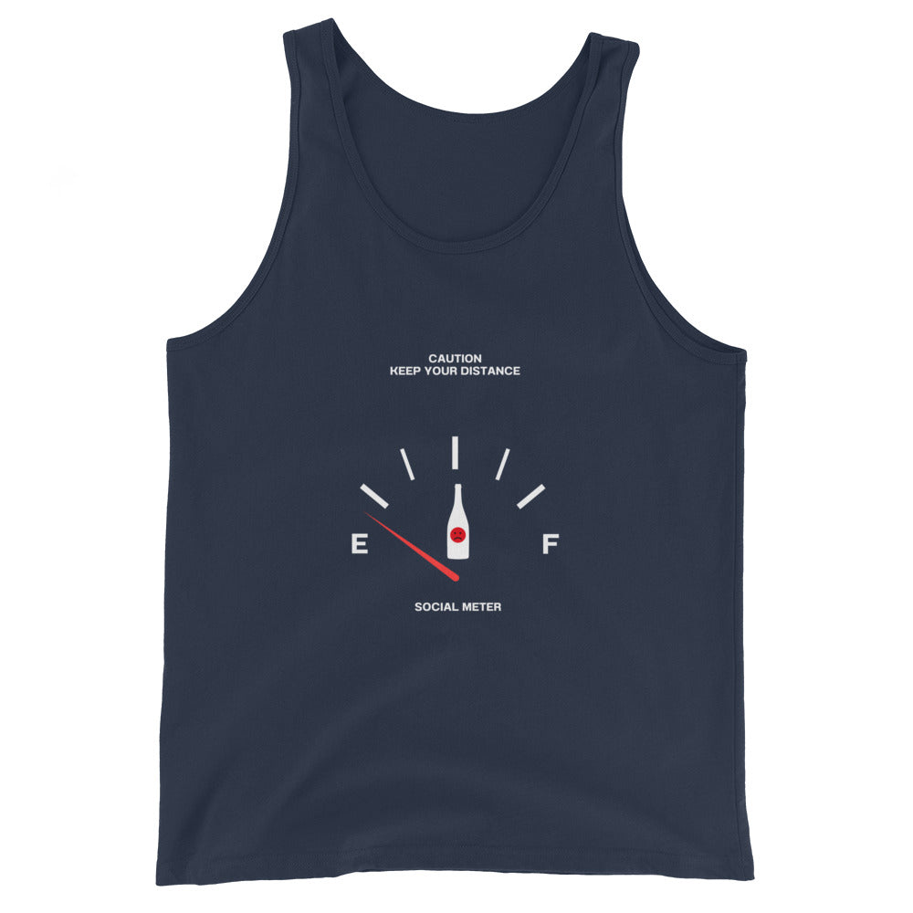 Image 2 of Black Social Static Men's Tank Top - Left Placement, size S, with Social Meter artwork visible in front view.