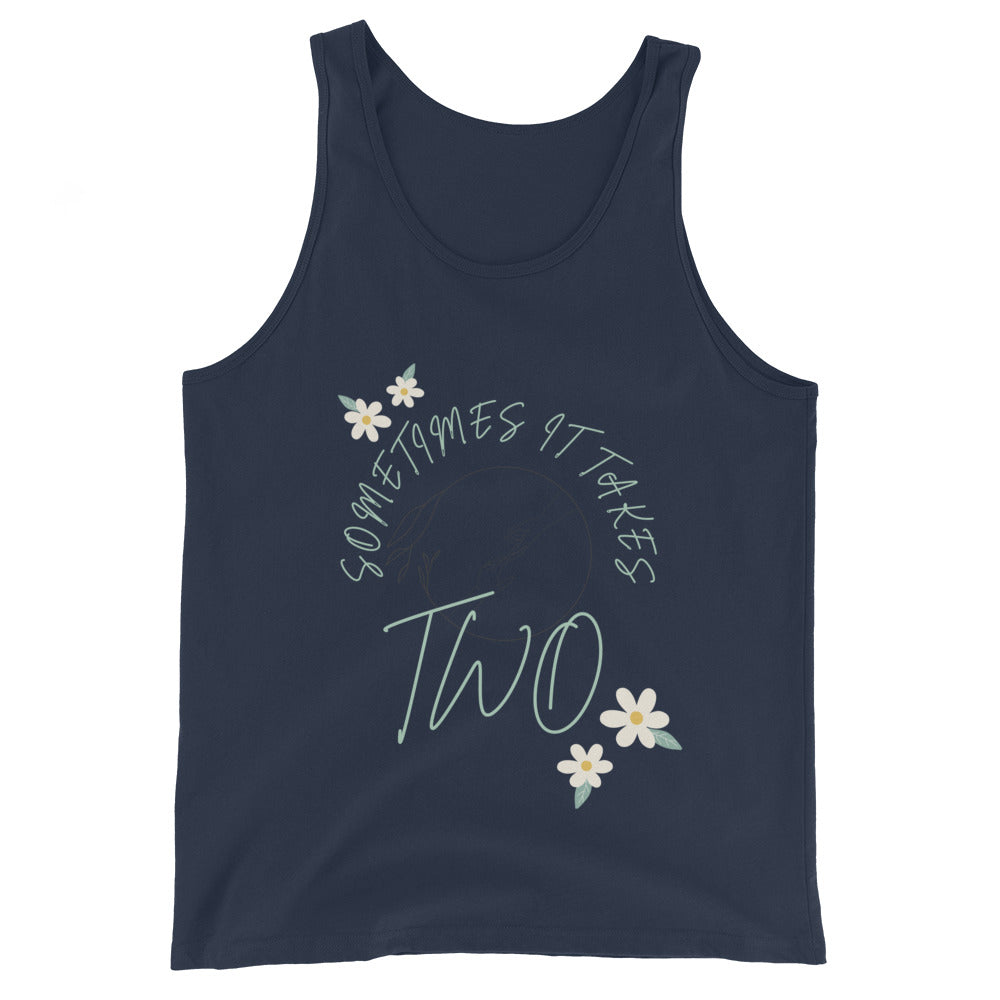 Image 2 of Black Duet Men's Tank Top - Left Placement, size S, with It Takes Two artwork visible in front view.