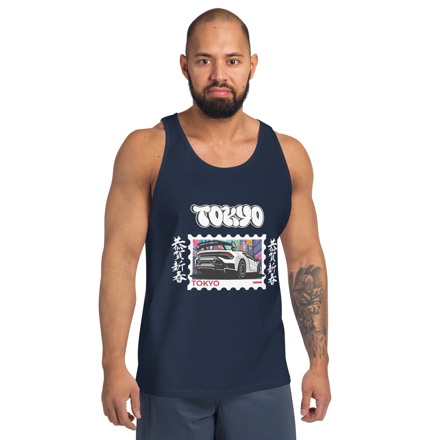 Tokyo Signal Men's Tank Top - Left Placement by R.A. Apparel, image 2, front view, Black, size S, left placement.