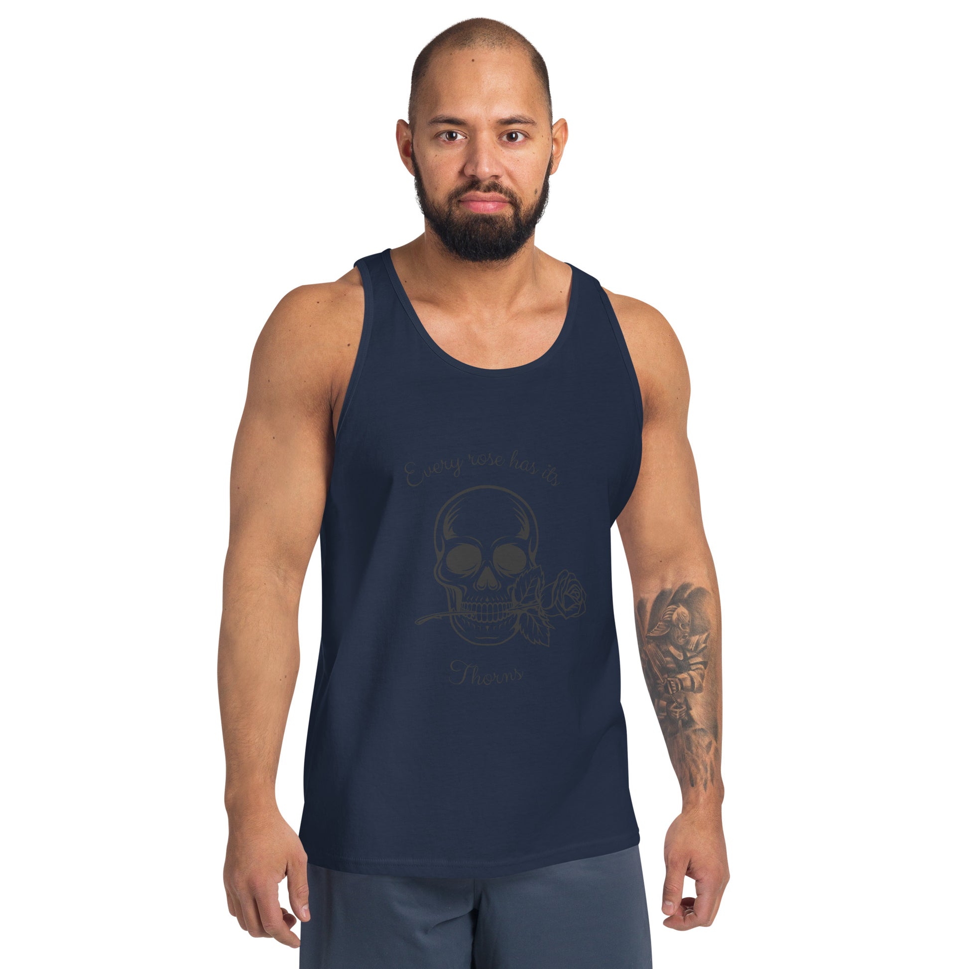 Image 1 of Navy Rose & Bone Men's Tank Top - Left Placement, size XS, with Skull and Rose artwork visible in front view.