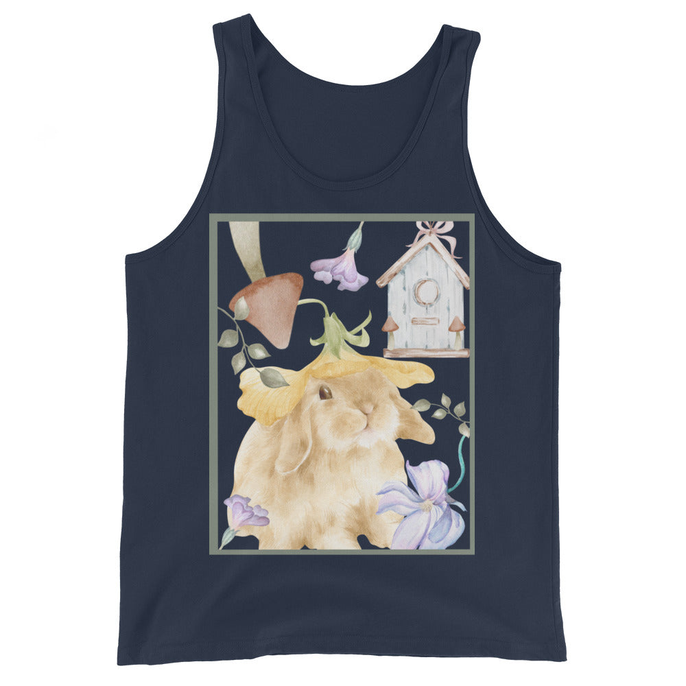Meadow Club Men's Tank Top - Left Placement image 2 in Black, size S, showing front view for the Bunny Collage design.